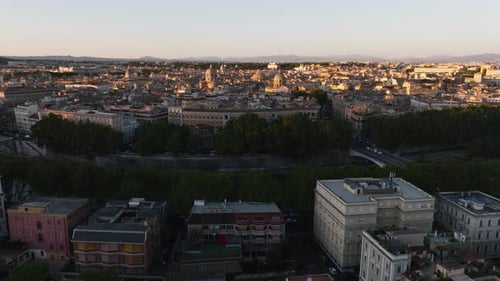 Panoramic View Of Historical Landmarks In The Ancient City Of Rome In Italy. Aerial Drone Shot