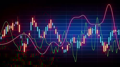 Looping 3D stock candles on blue grid with pink and green waves