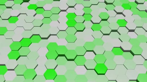 Background of green and white abstract hexagons moving up and down in different directions 3d