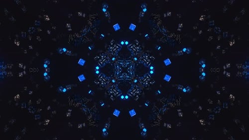 Blue and black kaleidoscope with pattern of squares. Kaleidoscope VJ loop