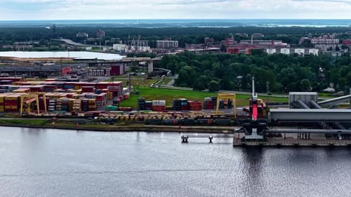 Intermodal Container Terminal with a Freight Train at the Port of Riga, Latvia
