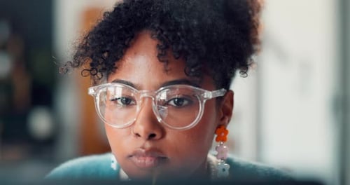 Glasses, laptop and businesswoman in office with reading for creative project with online email
