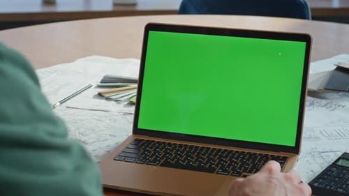 Freelancer Working Mockup Laptop at Home Workplace Closeup Unknown Businessman