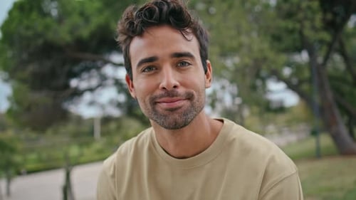 Portrait Handsome Hipster Park Greenery Positive Unshaven Man Looking Camera