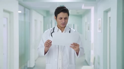 Doctor Reviews Paperwork in Hospital Hallway