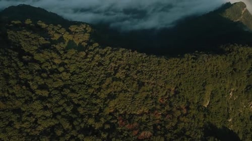 Aerial view of mountain peak above clouds, sunrise in mountain range, stunning mountain landscape, r