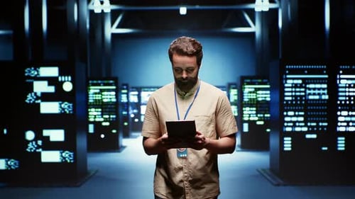 Man Holding Tablet in Server Room