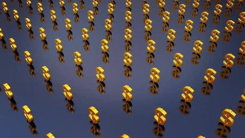 Rotating Golden Dollar Signs on Reflective Surface