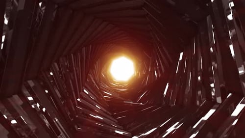 A rotating dark metal tunnel with walls of ribs and lines in the form of an octagon with reflections