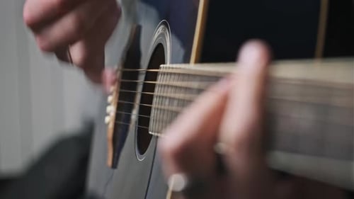 Hands Playing Acoustic Guitar in Close Up