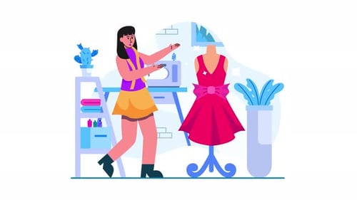 Fashion Designer Working on Dress with Sewing Machine Illustration