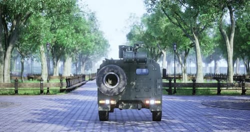 Military Vehicle Navigates Serene Park Pathway Under Vibrant Trees
