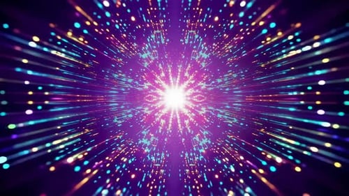 Abstract Colorful Particles Bursting from Center on Purple B
