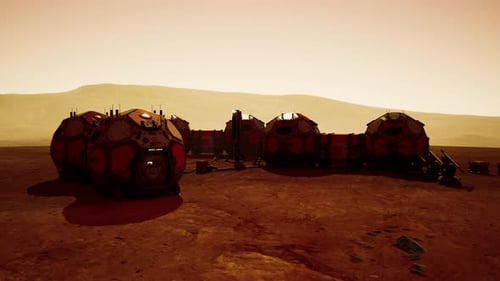 Exploration of a Martian Base with Habitat Modules Under a Dusty Orange Sky