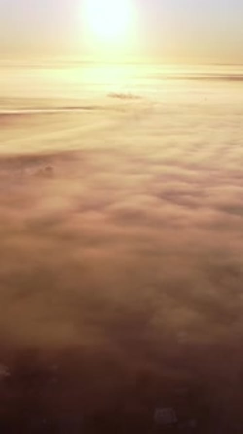Vertical Video Aerial View Sunrise Flight Over the Morning Fog in the Countryside and Wildlife