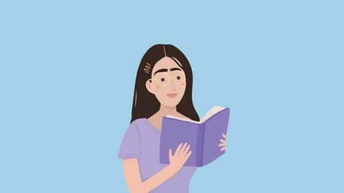 Animated Woman Reading Book in Flat Design Style