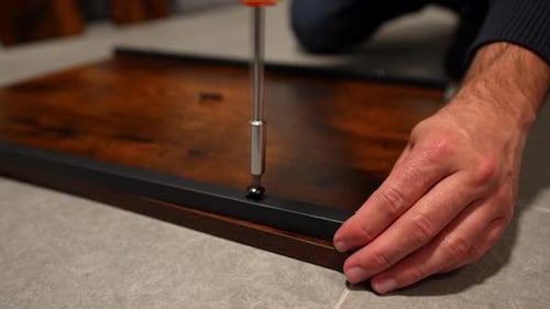 Male hand screwing a screw in a wooden table to assemble kitchen furniture