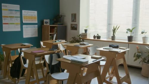 Empty Classroom with Desks and Natural Light