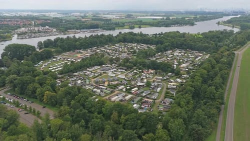 Aerial view of holiday campsite with caravans near Brielle, Netherlands