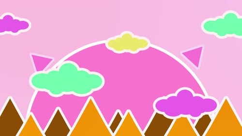 Moving Clouds and Triangles in Flat Design Landscape Loop