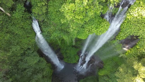 Aerial shot of Sekumpul waterfall located in Lemukih, Buleleng, Bali, Indonesia