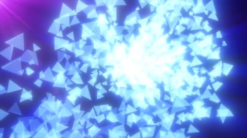 Abstract flying small blue luminous glass triangles, pyramids shiny energetic magical on a dark back
