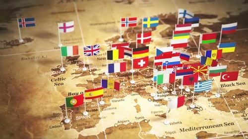 Waving European Country Flags on an Old World Map