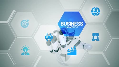 AI Robot Hand Interacts with Business Management Virtual Display