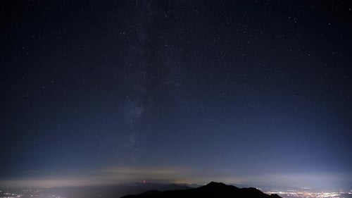 Milky Way Galaxy Starry Sky Above the Silhouette of a Mountain and the Lights of a Night City