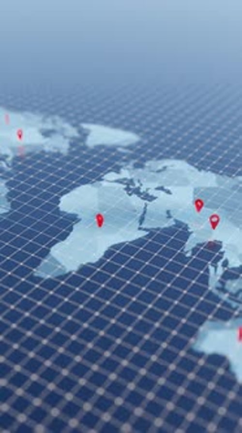 Animation abstraite de la carte du monde avec des pointeurs. Connexion réseau et système de positionnement global