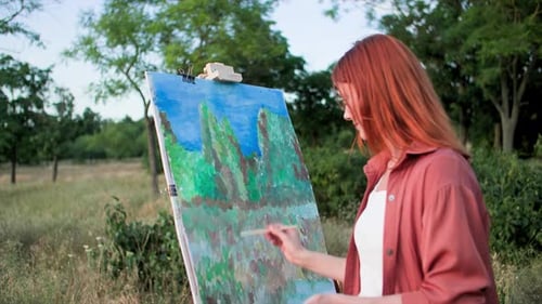 Hobby Therapy a Young Woman Paints a Picture in Nature with Paints and Brushes to Relieve Stress and