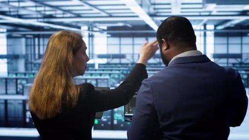 Teamworking Programmers in Data Center Overseeing Server Operations