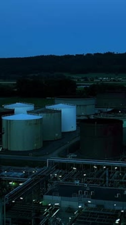 Industrial Plant at Night, Vertical Aerial View