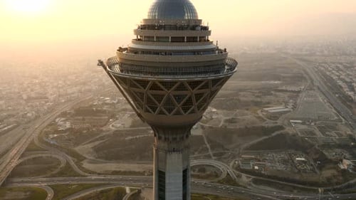 A night shot from a drone of the Milad Tower in the Iranian capital, Tehran
