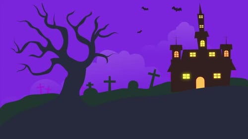 Flat Design Halloween Spooky Night Scene with Haunted House and Bats