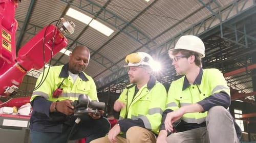 The Engineers test and control robotic arm in mechanical manufacturing factory.