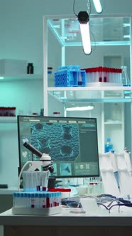 Laboratory Workplace with Microscope and Blue Screen