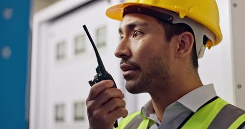 Man, construction worker and radio communication, maintenance and upgrade in control room