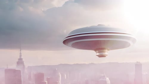OVNI d'une soucoupe volante au-dessus des gratte-ciel de la ville