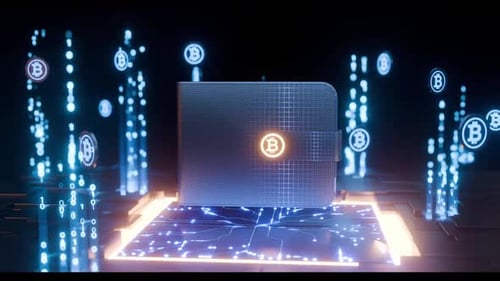 Futuristische Bitcoin-Brieftasche mit digitalen Symbolen
