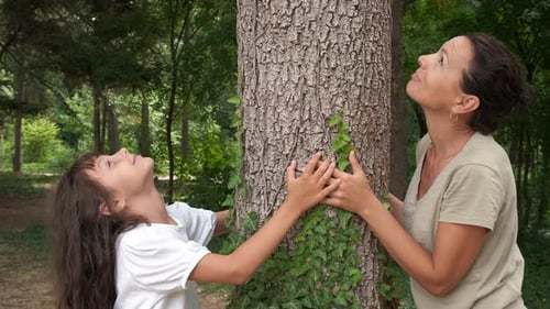 Girl and Woman Touching a Large Tree