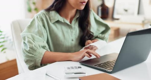 Business woman, receipt and audit with laptop or calculator for budget, bills