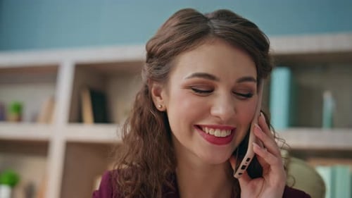 Closeup Smiling Manager Speaking Mobile Phone in Office Secretary Talk Client