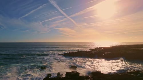 Sea Hitting Coastal Cliffs Sunny Day Aerial Ocean Waves Rolling Rocks Nature