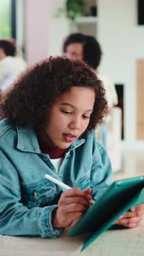 Child, scroll and elearning with tablet in home, growth and skill development with assignment