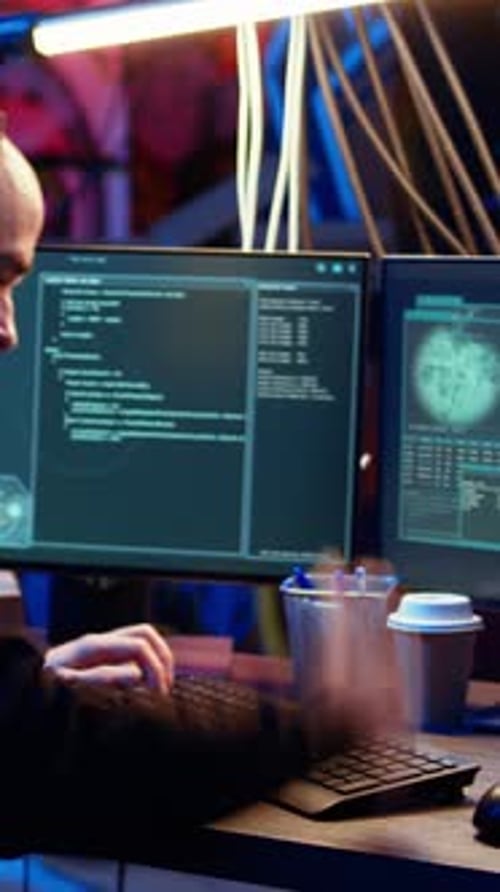 Vertical Video Hacker in Dark Underground Warehouse Having Cyber Attacks Rejected