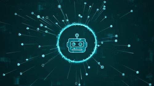 Blue digital robot head logo and AI icons ring rotation around logo with ai icon spread and line
