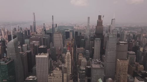 Aerial video above skyscrapers Manhattan New York skyline