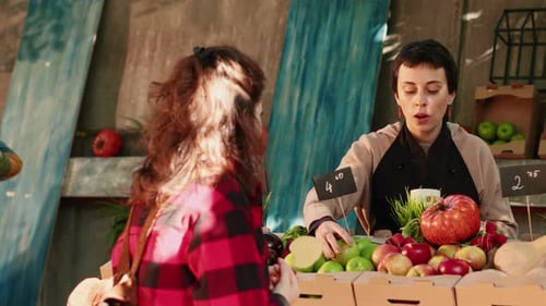 Young Cheerful Vendor Selling Organic Bio Produce at Local Farming Stand