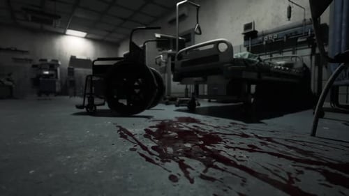 Interior oscuro del hospital con una mancha de sangre en el suelo y equipo abandonado